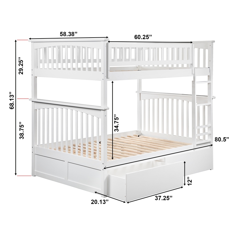 AFI Columbia Full Over Full Solid Wood Bunk Bed with 2 Storage Drawers in White