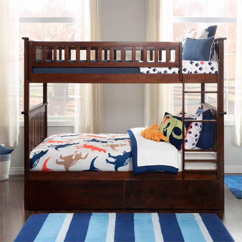 AFI Columbia Full Over Full Solid Wood Bunk Bed with 2 Storage Drawers in Walnut