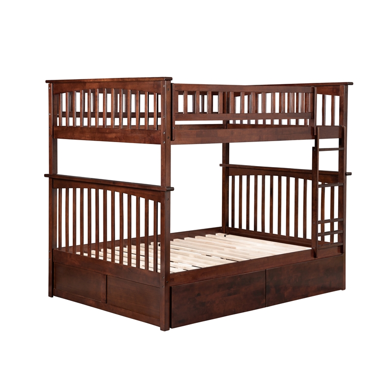 AFI Columbia Full Over Full Solid Wood Bunk Bed with 2 Storage Drawers in Walnut