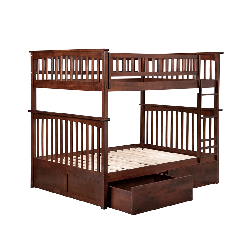 AFI Columbia Full Over Full Solid Wood Bunk Bed with 2 Storage Drawers in Walnut