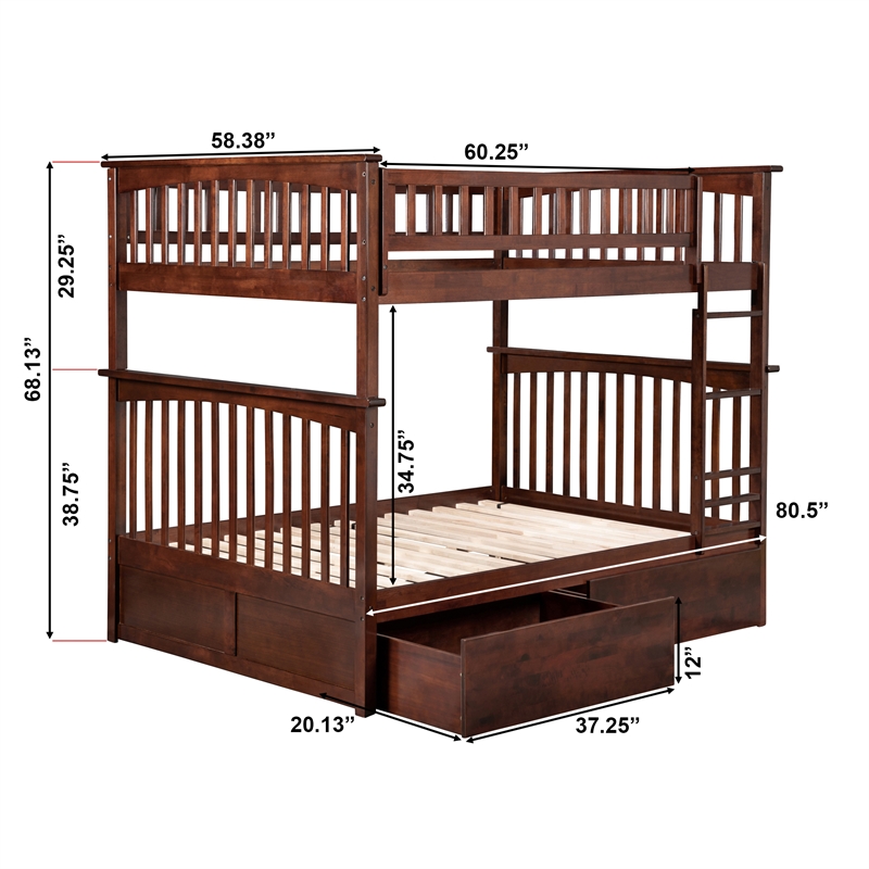 AFI Columbia Full Over Full Solid Wood Bunk Bed with 2 Storage Drawers in Walnut