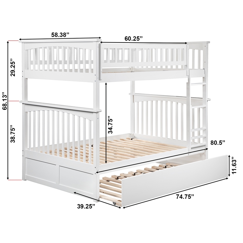 AFI Columbia Full over Full Solid Wood Bunk Bed with Trundle in White