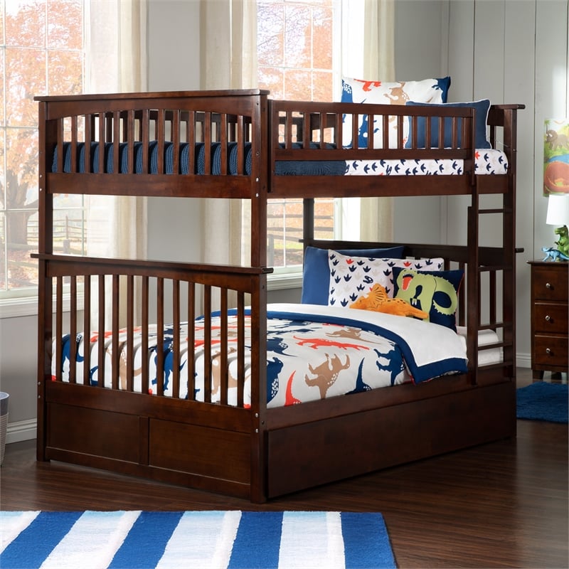 AFI Columbia Full over Full Solid Wood Bunk Bed with Trundle in Walnut