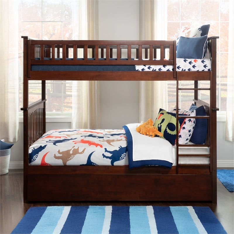 AFI Columbia Full over Full Solid Wood Bunk Bed with Trundle in Walnut
