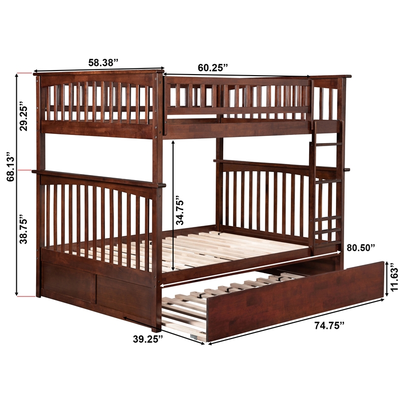 AFI Columbia Full over Full Solid Wood Bunk Bed with Trundle in Walnut