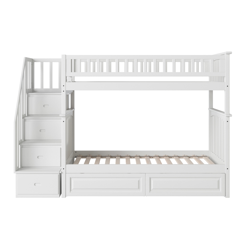 AFI Columbia Twin Over Twin Solid Wood Staircase Storage Bunk Bed in White