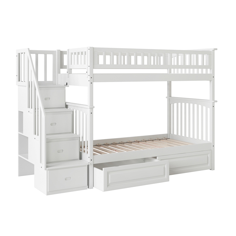 AFI Columbia Twin Over Twin Solid Wood Staircase Storage Bunk Bed in White