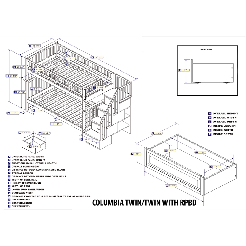 AFI Columbia Twin Over Twin Solid Wood Staircase Storage Bunk Bed in White