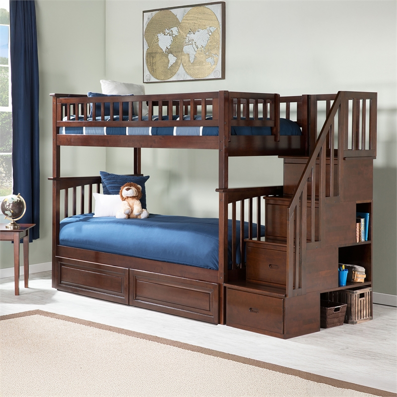 AFI Columbia Twin Over Twin Solid Wood Staircase Storage Bunk Bed in Walnut