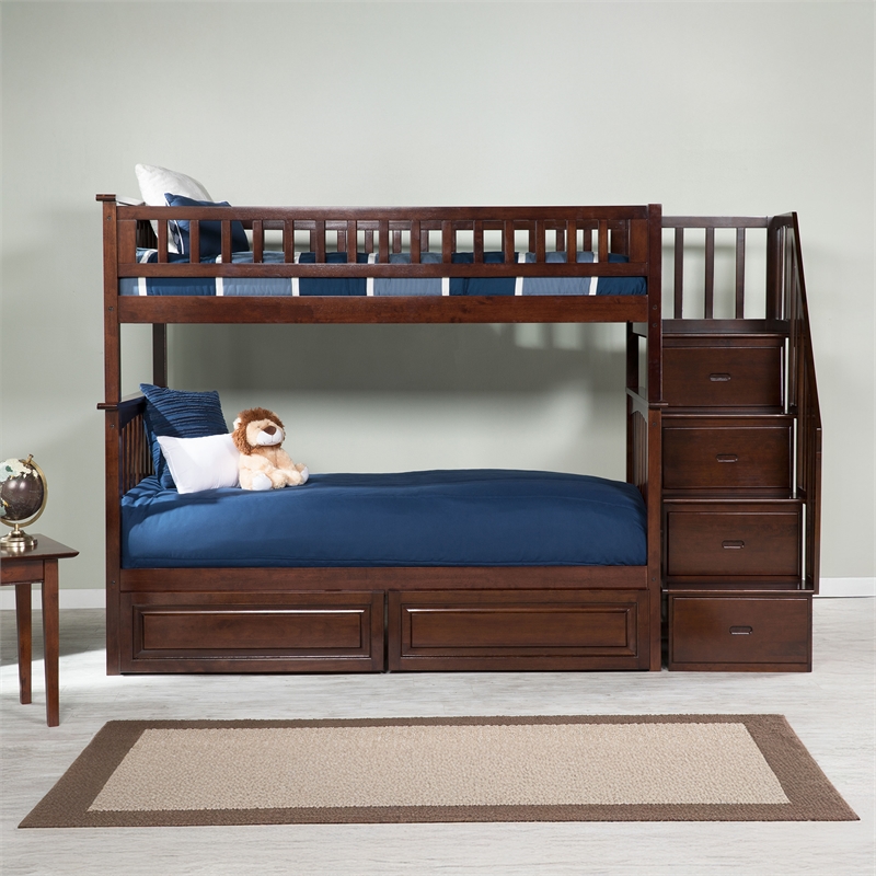 AFI Columbia Twin Over Twin Solid Wood Staircase Storage Bunk Bed in Walnut