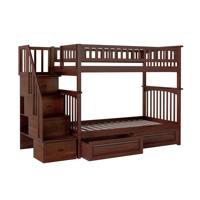 AFI Columbia Twin Over Twin Solid Wood Staircase Storage Bunk Bed in Walnut