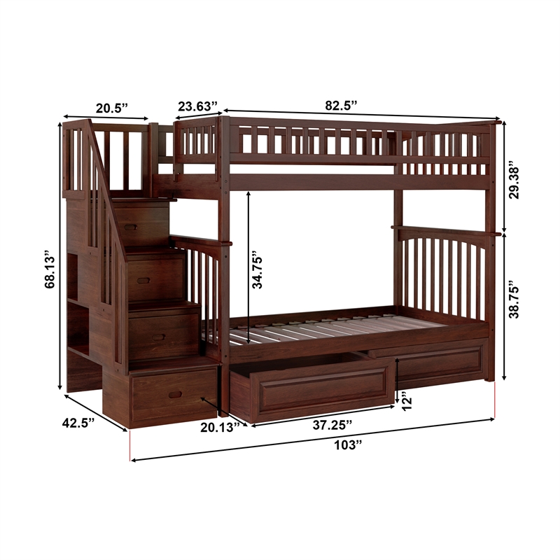 AFI Columbia Twin Over Twin Solid Wood Staircase Storage Bunk Bed in Walnut