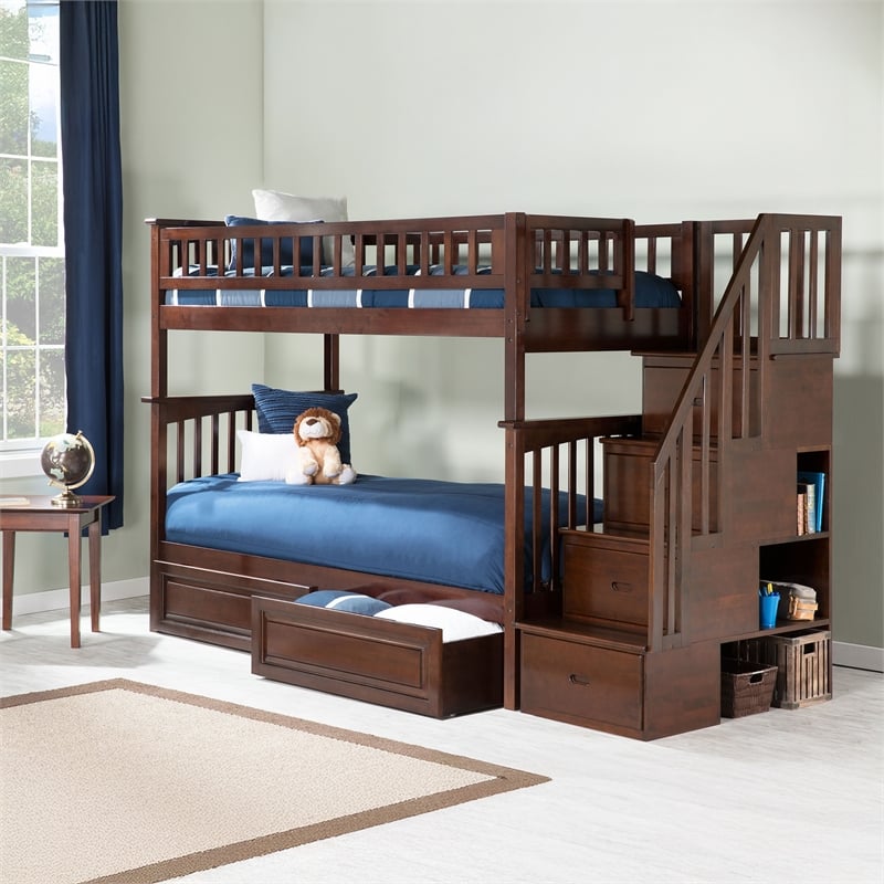 AFI Columbia Twin Over Twin Solid Wood Staircase Storage Bunk Bed in Walnut