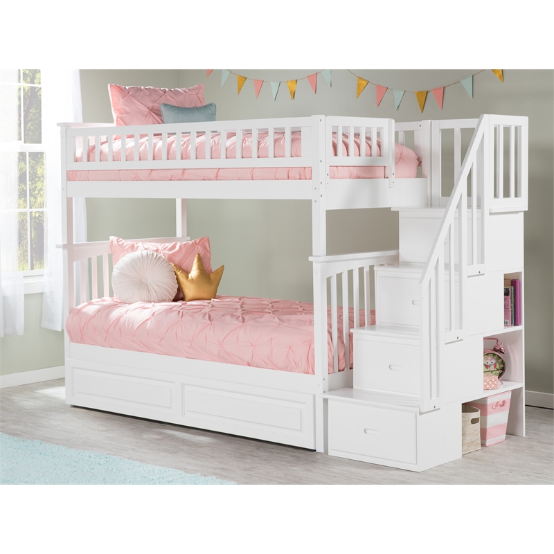 AFI Columbia Twin Over Twin Solid Wood Staircase Trundle Bunk Bed in White