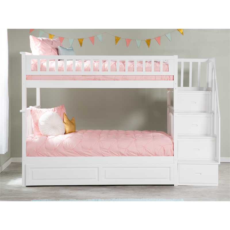 AFI Columbia Twin Over Twin Solid Wood Staircase Trundle Bunk Bed in White