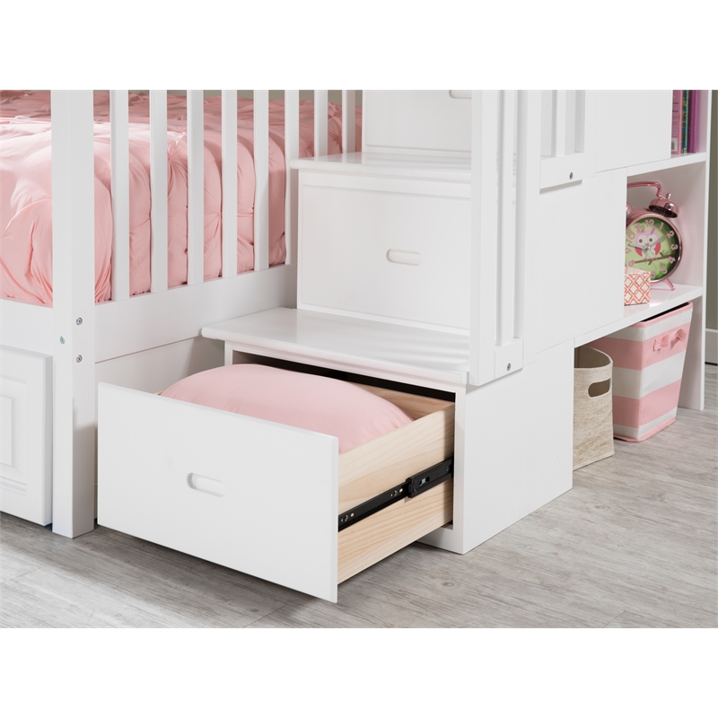 AFI Columbia Twin Over Twin Solid Wood Staircase Trundle Bunk Bed in White
