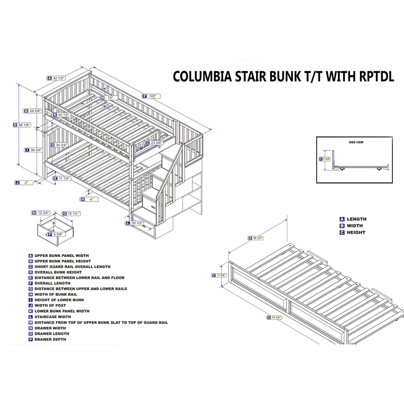 AFI Columbia Twin Over Twin Solid Wood Staircase Trundle Bunk Bed in White