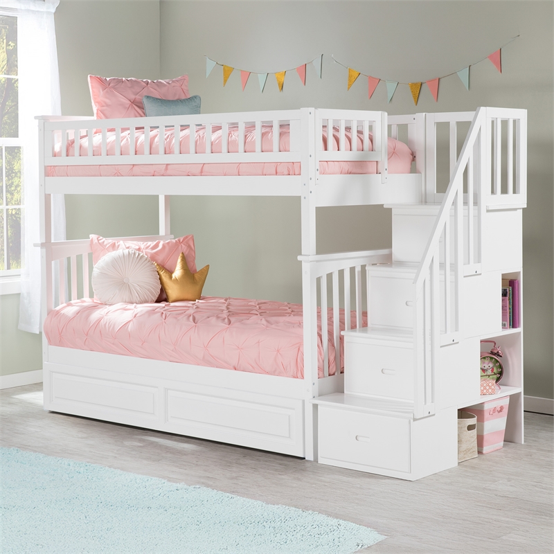 AFI Columbia Twin over Twin Solid Wood Staircase Bunk Bed with Trundle in White