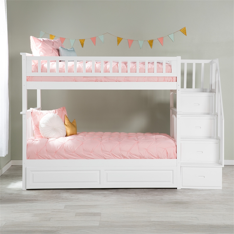 AFI Columbia Twin over Twin Solid Wood Staircase Bunk Bed with Trundle in White