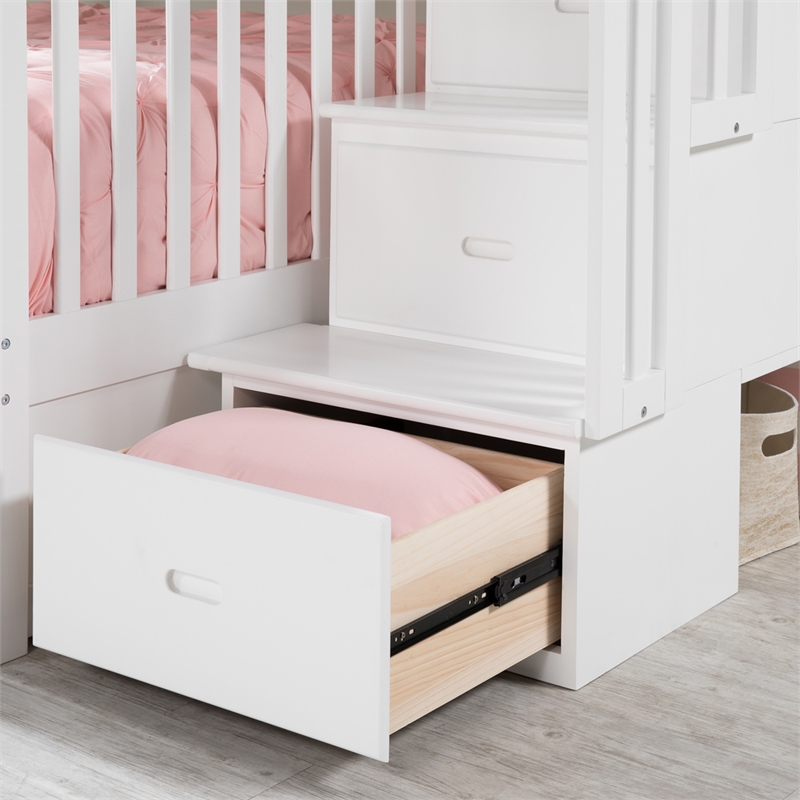 AFI Columbia Twin over Twin Solid Wood Staircase Bunk Bed with Trundle in White