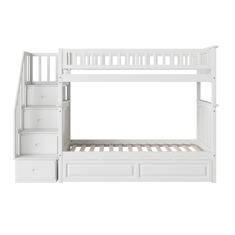 AFI Columbia Twin over Twin Solid Wood Staircase Bunk Bed with Trundle in White