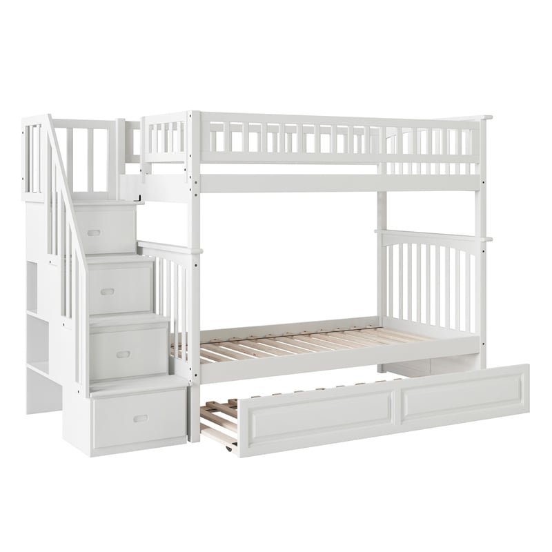 AFI Columbia Twin over Twin Solid Wood Staircase Bunk Bed with Trundle in White