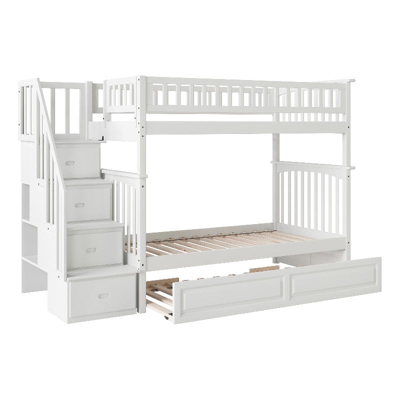 AFI Columbia Twin Over Twin Solid Wood Staircase Trundle Bunk Bed in White