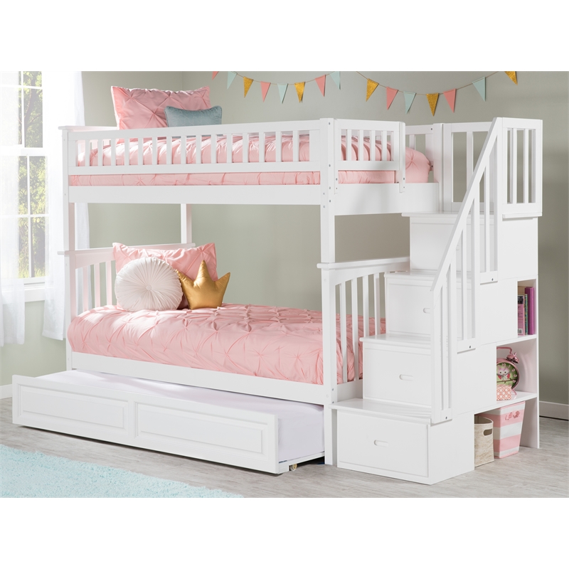 AFI Columbia Twin Over Twin Solid Wood Staircase Trundle Bunk Bed in White