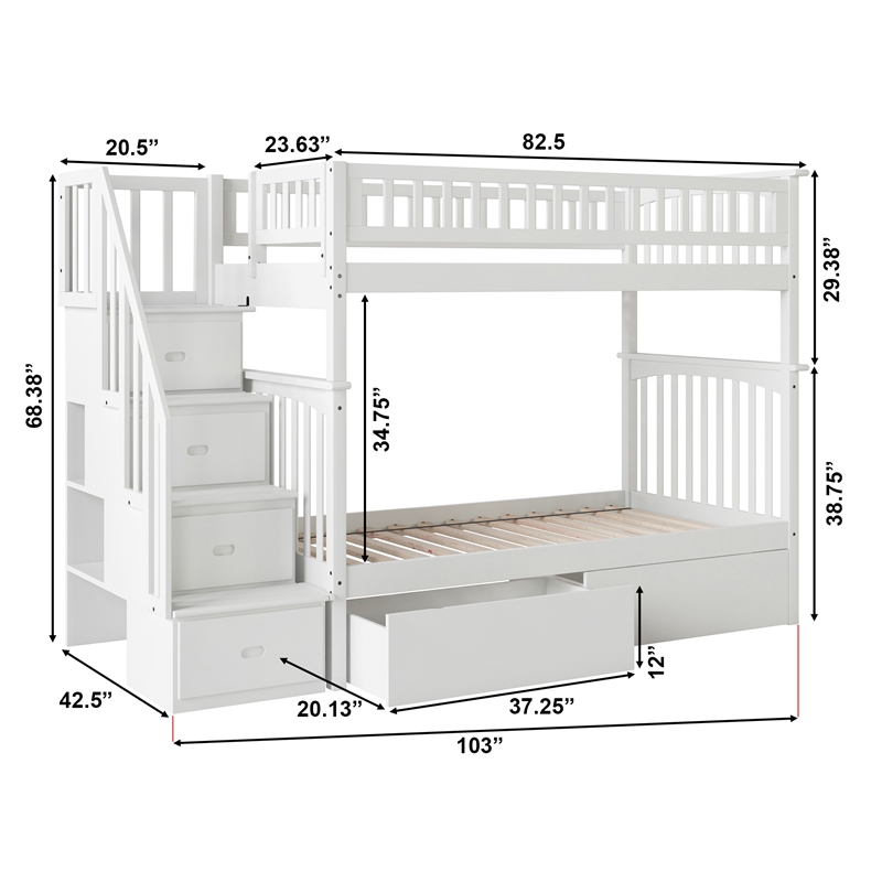 AFI Columbia Twin Over Twin Solid Wood Staircase Storage Bunk Bed in White