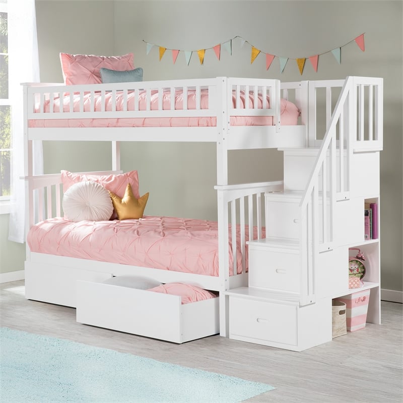 AFI Columbia Twin Over Twin Solid Wood Staircase Storage Bunk Bed in White