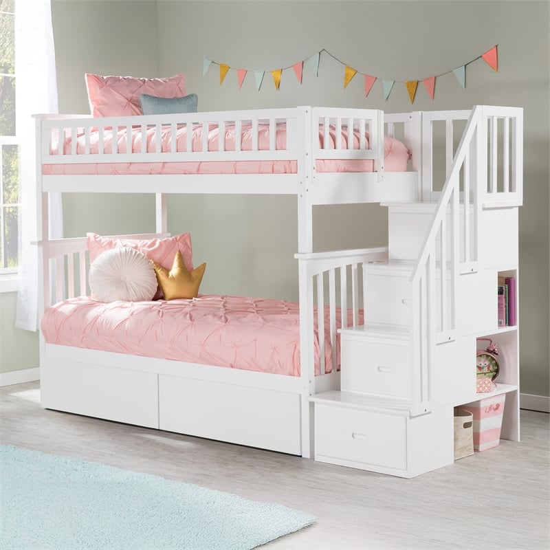 AFI Columbia Twin Over Twin Solid Wood Staircase Storage Bunk Bed in White