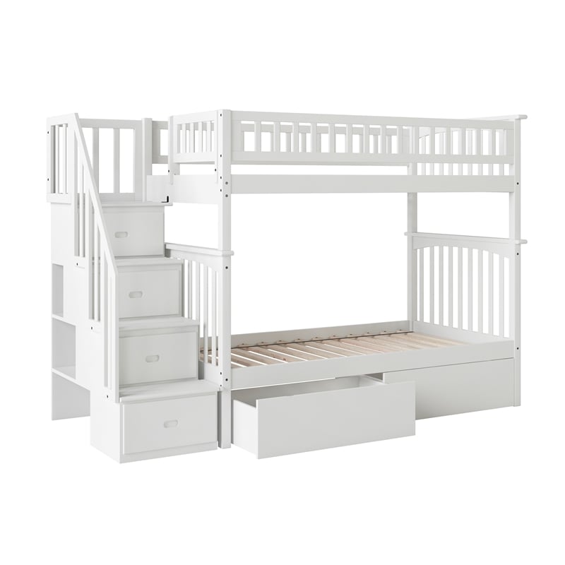 AFI Columbia Twin Over Twin Solid Wood Staircase Storage Bunk Bed in White