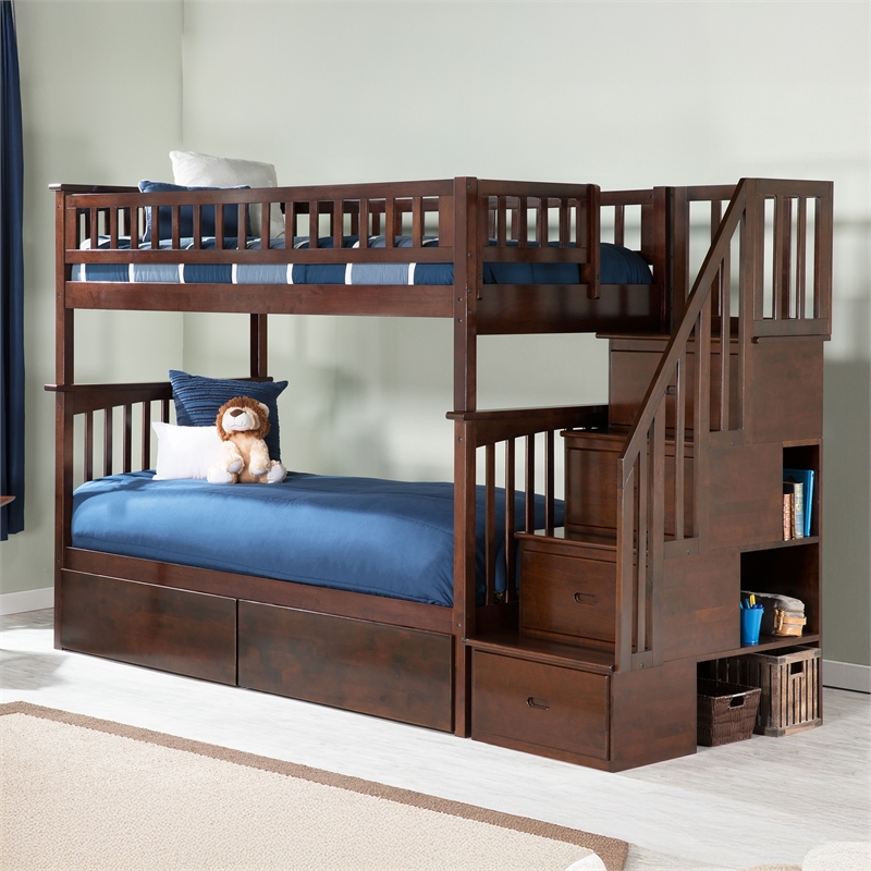 AFI Columbia Twin Over Twin Solid Wood Staircase Storage Bunk Bed in Walnut
