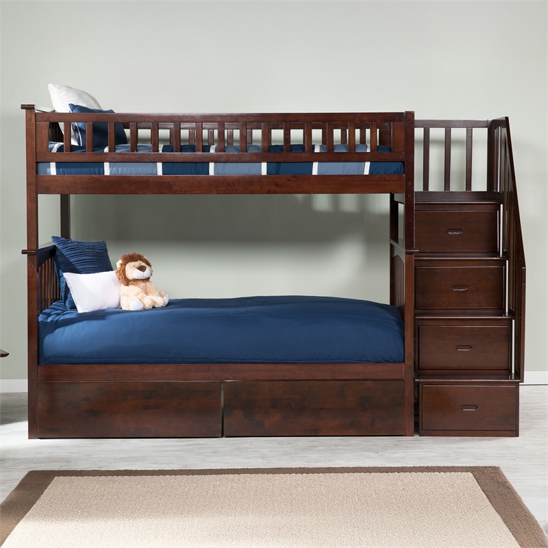 AFI Columbia Twin Over Twin Solid Wood Staircase Storage Bunk Bed in Walnut