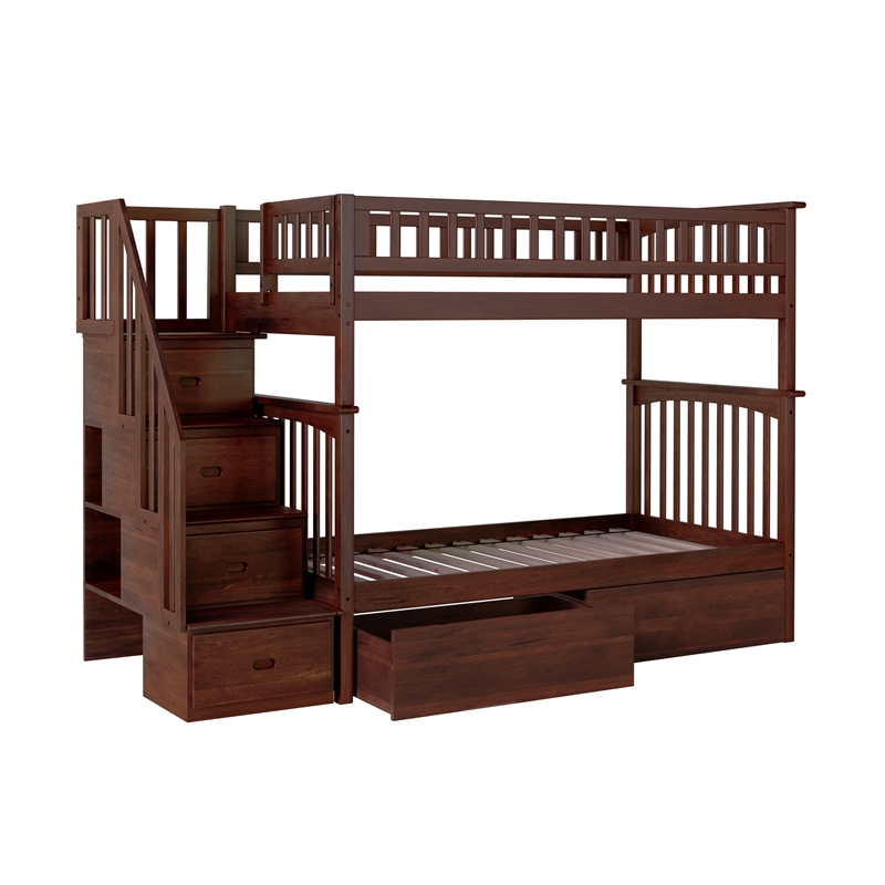 AFI Columbia Twin Over Twin Solid Wood Staircase Storage Bunk Bed in Walnut
