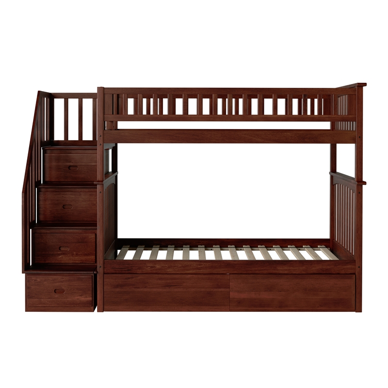 AFI Columbia Twin Over Twin Solid Wood Staircase Storage Bunk Bed in Walnut