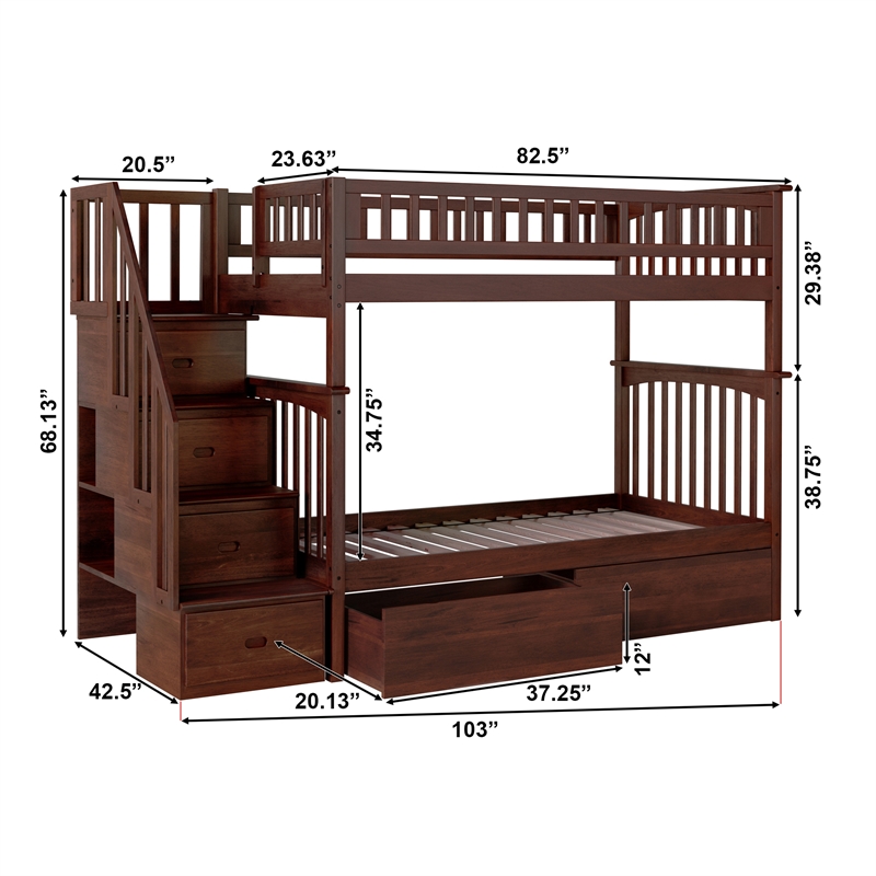 AFI Columbia Twin Over Twin Solid Wood Staircase Storage Bunk Bed in Walnut
