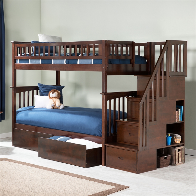 AFI Columbia Twin Over Twin Solid Wood Staircase Storage Bunk Bed in Walnut