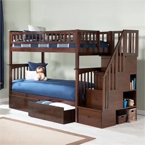 AFI Columbia Twin Over Twin Solid Wood Staircase Storage Bunk Bed in Walnut