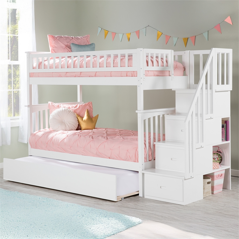 AFI Columbia Twin over Twin Solid Wood Staircase Bunk Bed with Trundle in White