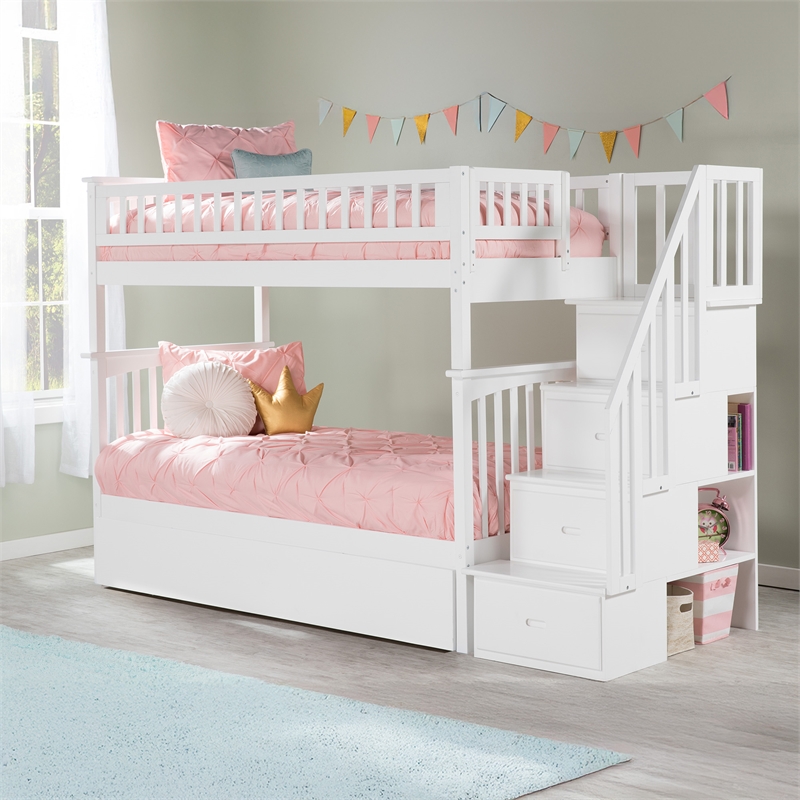 AFI Columbia Twin over Twin Solid Wood Staircase Bunk Bed with Trundle in White