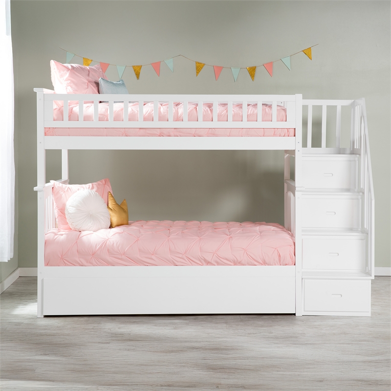 AFI Columbia Twin over Twin Solid Wood Staircase Bunk Bed with Trundle in White