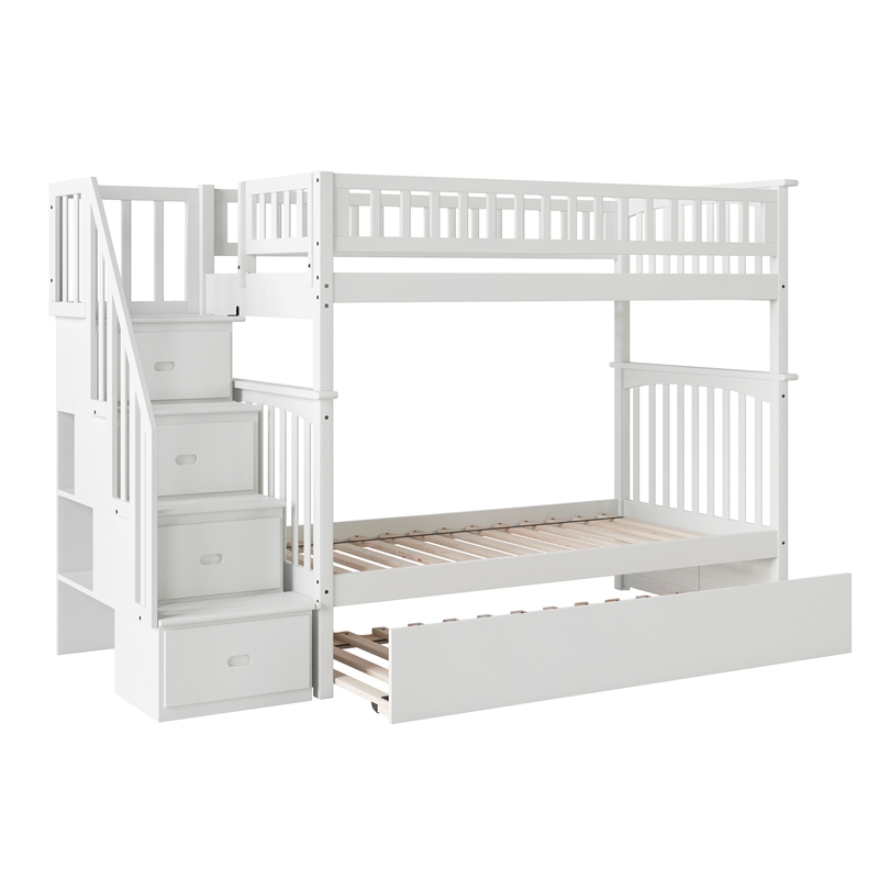 AFI Columbia Twin over Twin Solid Wood Staircase Bunk Bed with Trundle in White