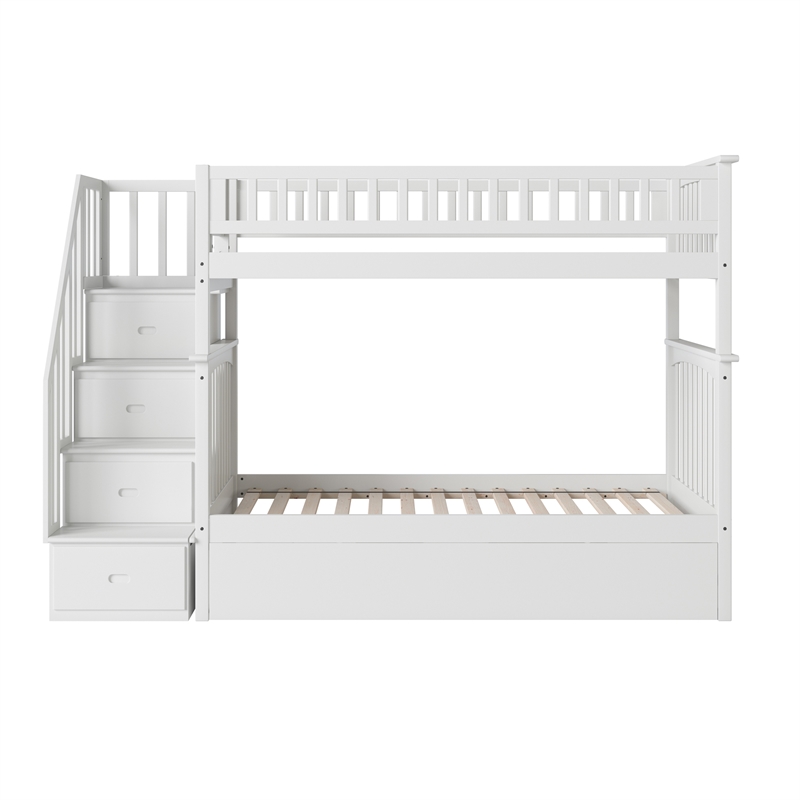AFI Columbia Twin over Twin Solid Wood Staircase Bunk Bed with Trundle in White
