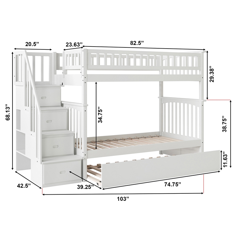 AFI Columbia Twin over Twin Solid Wood Staircase Bunk Bed with Trundle in White