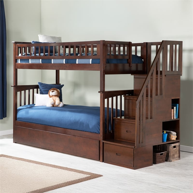 AFI Columbia Twin over Twin Solid Wood Staircase Bunk Bed with Trundle in Walnut