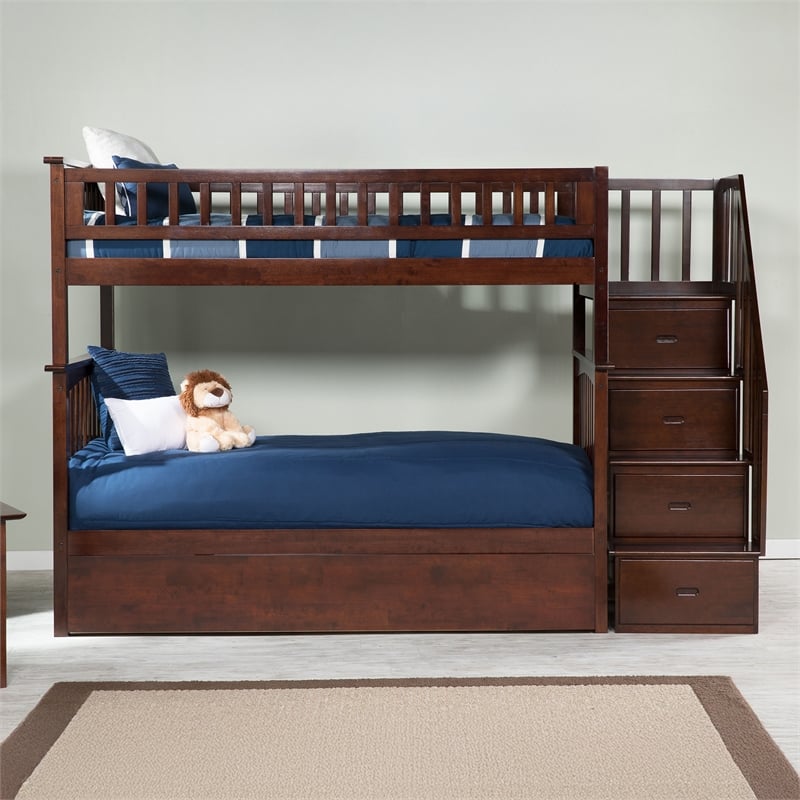 AFI Columbia Twin over Twin Solid Wood Staircase Bunk Bed with Trundle in Walnut