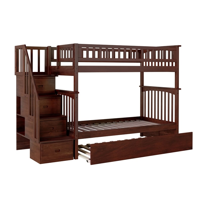 AFI Columbia Twin over Twin Solid Wood Staircase Bunk Bed with Trundle in Walnut