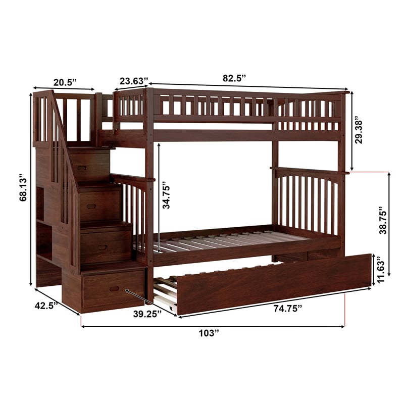 AFI Columbia Twin over Twin Solid Wood Staircase Bunk Bed with Trundle in Walnut
