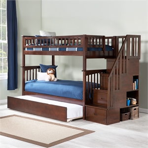 AFI Columbia Twin over Twin Solid Wood Staircase Bunk Bed with Trundle in Walnut